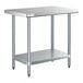 A stainless steel work table with a shelf.