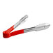 Carlisle stainless steel scalloped tongs with a red handle.