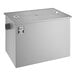 A large stainless steel metal box with a metal lid and pipes.