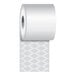 A white and grey roll of Iconex MAXStick PlusD linerless paper with a black and white pattern.