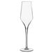 A Luigi Bormioli Supremo champagne flute with a long stem and clear glass.