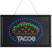 A white rectangular LED food sign that says "Tacos" with lights on it.