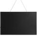 A black rectangular LED board hanging from a black chain with a black border.