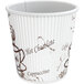 A white paper hot cup with brown bean designs.
