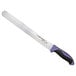 A Dexter-Russell meat slicing knife with a purple handle.