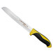 A Dexter-Russell bread knife with a yellow handle and black blade.