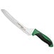 A Dexter-Russell bread knife with a green handle.