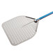 A silver and blue GI Metal square perforated pizza peel.