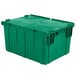 A green Orbis Stack-N-Nest Flipak tote box with hinged lid and handles.