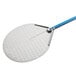 A silver pizza peel with a blue handle.