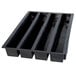 A black silicone baking mold tray with four log-shaped compartments.