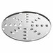 A circular stainless steel shredder plate with holes.