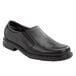 A pair of men's Rockport black slip on dress shoes with a rubber sole.