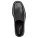 A close-up of a Rockport Works black leather slip on men's dress shoe.