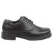 A black Rockport Works men's oxford dress shoe with laces.