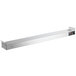 A white rectangular stainless steel ServIt strip warmer with a long rectangular metal object on it.