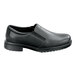 A black men's slip-on dress shoe with a soft toe and non-slip sole, shown in a wide width size 12.