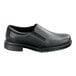 A black men's slip-on dress shoe with a soft toe and non-slip sole.