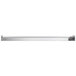 A long rectangular stainless steel metal strip with a black button.