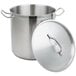 A Vollrath stainless steel stock pot with a lid.