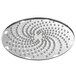 A circular stainless steel grater plate with holes in it.