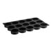A black silicone baking mold with 15 square cavities.