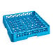 A blue plastic Carlisle dish rack with holes.