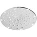 A stainless steel circular shredder plate with holes.