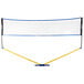 A white volleyball net with blue and yellow poles.