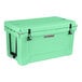 a green cooler with black handles