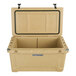 A tan CaterGator outdoor cooler with a lid open and black handles.