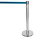 A chrome crowd control stanchion with a blue retractable belt.