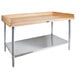 A wood table with a galvanized metal undershelf.