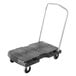 A black Rubbermaid triple trolley platform cart with wheels.