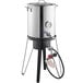 A Backyard Pro stainless steel brewing pot with a hose attached.