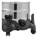 A silver and black Lavex wet/dry vacuum cleaner on wheels with a black brush next to it.