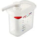 A translucent plastic Araven condiment pump dispenser with a red handle and lid.