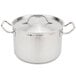 A silver Vollrath sauce pot with handles and a lid.