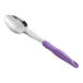 A Vollrath heavy-duty serving spoon with a purple handle.