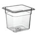 A clear polycarbonate food pan with a lid.