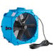 A blue Lavex industrial axial fan with a black cord.