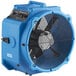 A blue Lavex industrial fan with black fan blades.