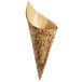 A close-up of a brown bamboo leaf cone with a speckled pattern.