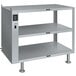 a grey metal shelf with a button