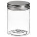 A clear plastic Solia jar with a silver lid.