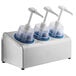 A Steril-Sil 3-compartment stainless steel condiment dispenser with white plastic cylinders.