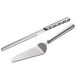 A silver cake server and knife with a white background.