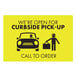 A yellow rectangular sign with white text that says "Curbside Pickup" and a person holding a bag approaching a car.