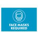 A blue rectangular sign with white text reading "Mask Required" and a white line drawing of a man wearing a face mask.