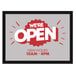 A close up of a red and white E-Z Up rectangle window decal with text that says "We Are Open"